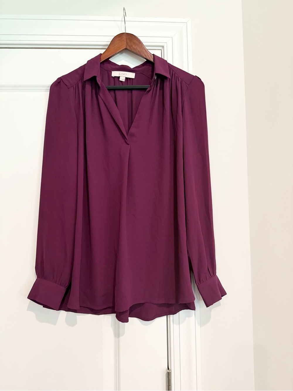 LOFT Plum Long Sleeve V-Neck Blouse